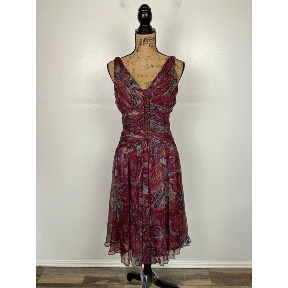 Suzi Chin Chiffon Paisley Fit & Flare Midi Dress Size 6 Red Beaded 90s Y2K Fairy